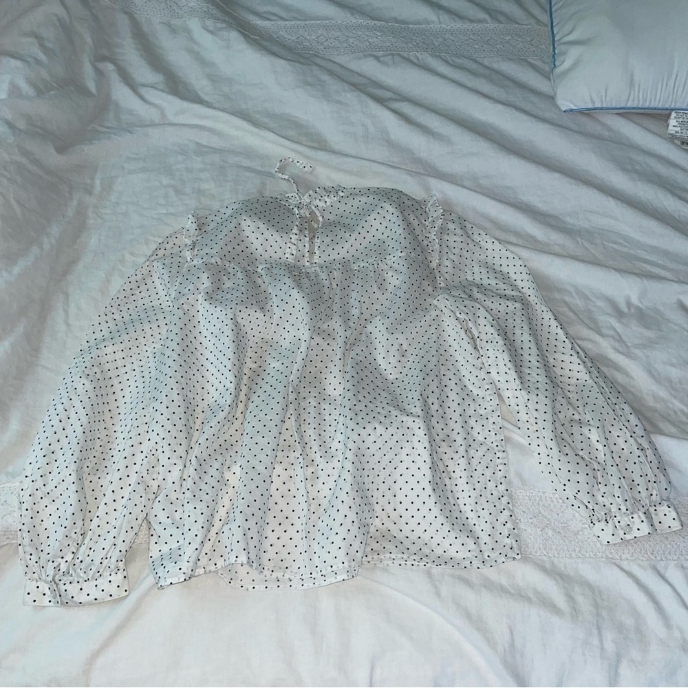 Madewell XL Mockneck Ruffle Top in Flocked Dot Shirt white long sleeve polka - Picture 8 of 8